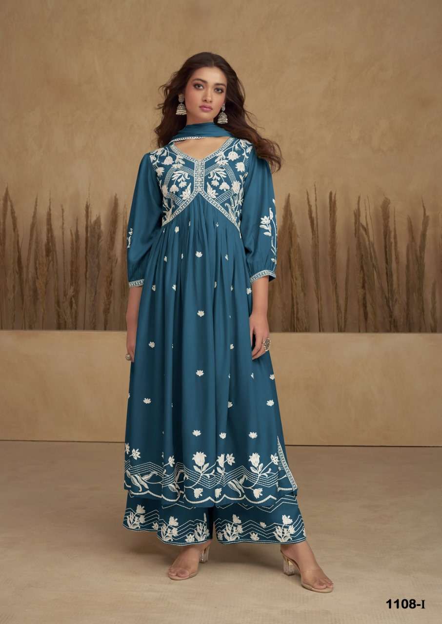 AADHRA VOL 5 SILVER COLOR PURE RAYON LAKHNAWI WORK NAYRA CUT KURTI WITH COTTON PLAZZO AND DUPATTA BY S3FOREVER BRAND 1108 I